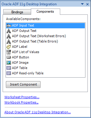ADF Components Palette in the task pane