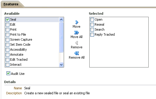 Roles page, Features tab