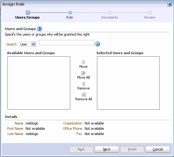 Assign Role wizard, Users and Groups page