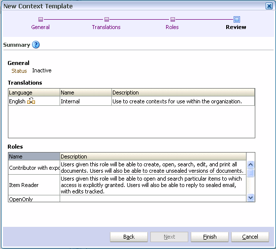 New Context Template wizard, Review page