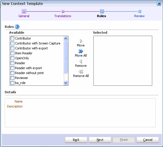 New Context Template wizard, Roles page