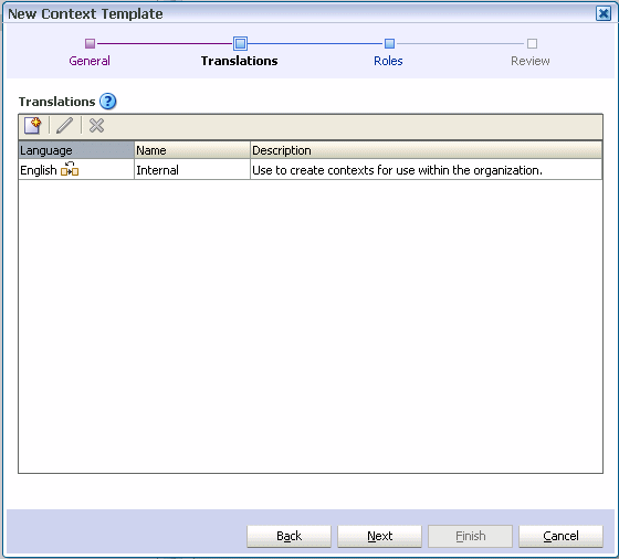 New Context Template wizard, Translations page
