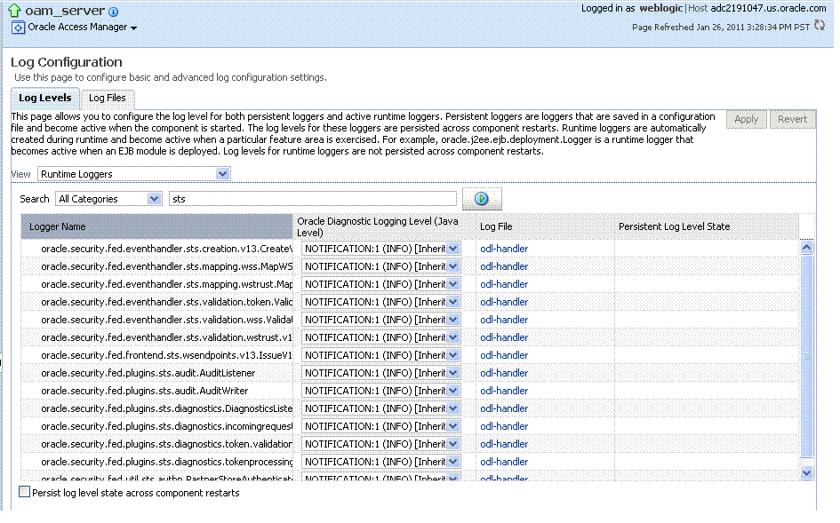 Log Levels for Oracle STS