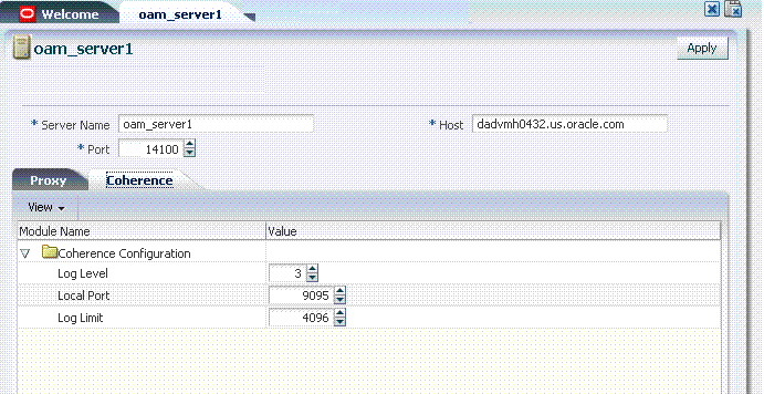 Coherence Page and Values for an Individual OAM Server