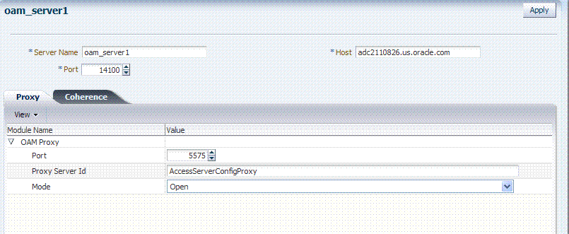 OAM Server Registration Page with Proxy Tab