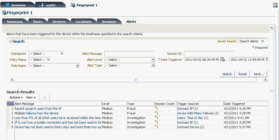 フィンガープリント詳細の「アラート」タブが示されています。