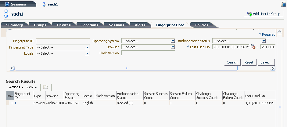 ユーザーのフィンガープリント・データが表示されます。