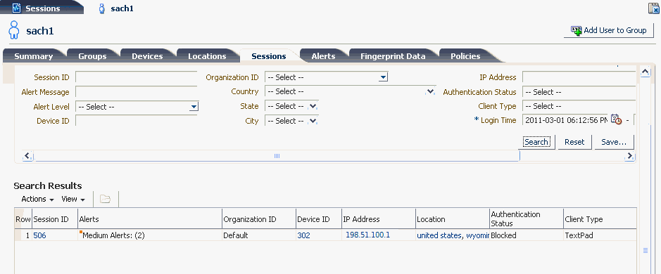 ユーザー詳細のセッション・タブが示されています。