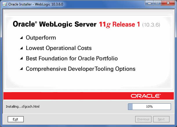 WebLogic Serverインストーラの「ステータス」画面
