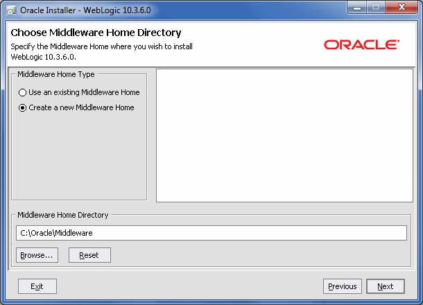 「Oracle Middlewareホーム・ディレクトリ」画面