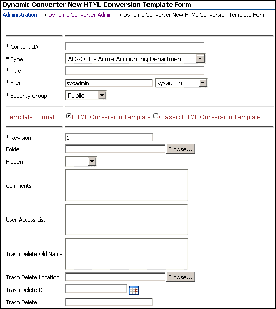 新しいHTML変換テンプレート・フォーム