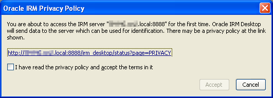 Oracle IRM Privacy Policy dialog