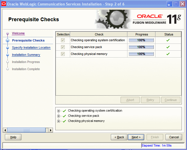 Prerequisites Check screen