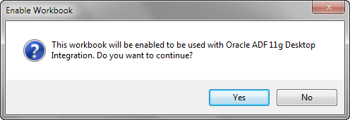 ワークブックでADFデスクトップ統合を有効化するダイアログ