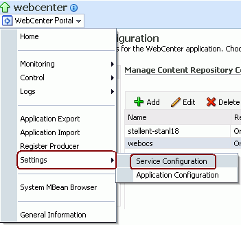 Fusion Middleware ControlのWebCenterメニュー