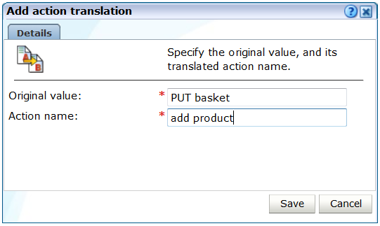 Add Action Translation dialog with two fields, Original value and Action name.