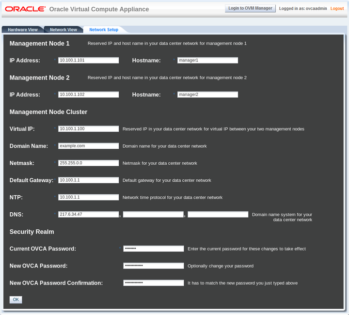 Screenshot showing the Network Setup tab of the Oracle Virtual Compute Appliance Dashboard.