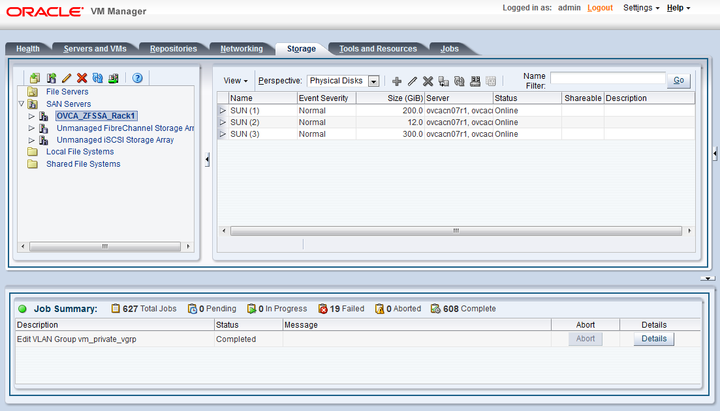 Screenshot showing the Storage tab of the Oracle VM Manager user interface.
