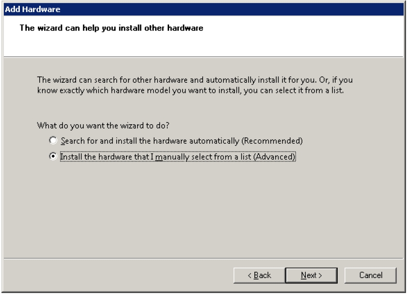 image:Hardware Wizard window asking to search and install hardware automatically or install manually.