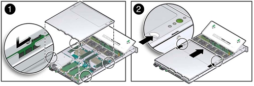 画像: サーバーの上部カバーの取付け方法を示す図。