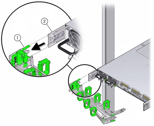 画像: ケーブル管理アームのリリース方法を示す図