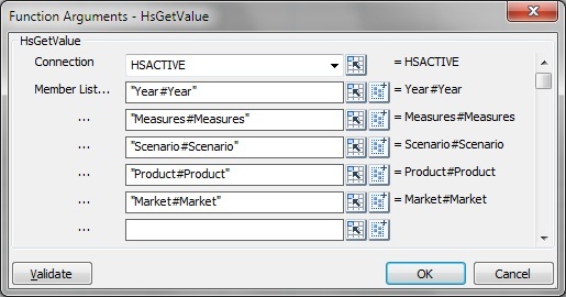 HsGetValue関数の関数ビルダー「関数の引数」ダイアログ・ボックス「接続」フィールドと、各関数の引数のディメンションとメンバーを入力するフィールドがあります。