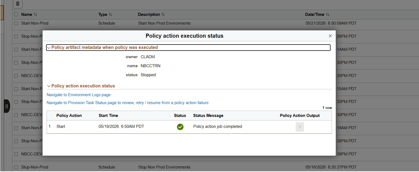 NBCC Policy Manager execution status page