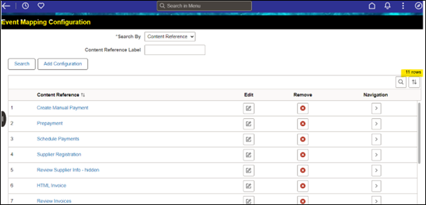 Screen shot of event mapping for delivered components