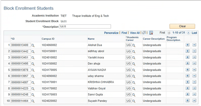 Block Enrollment Students page