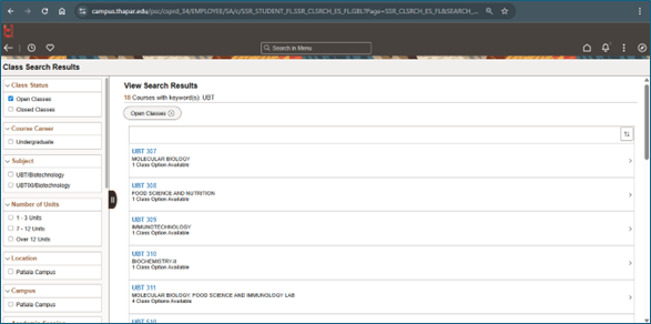Class search results