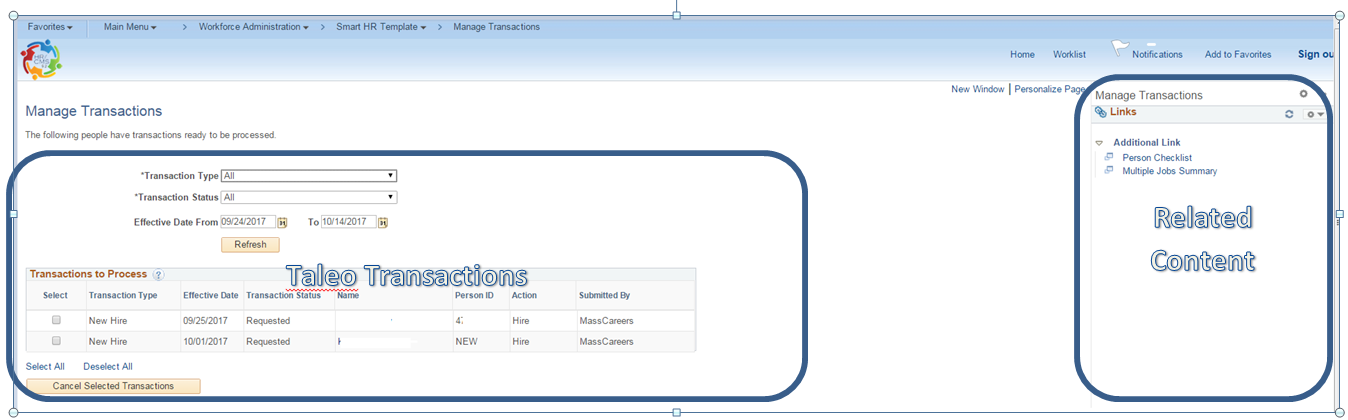 Manage Transactions page highlighting Taleo transactions and related content