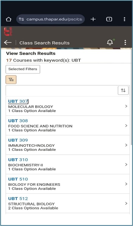 mobile version of class search results
