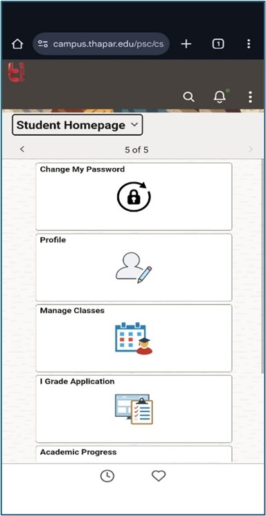 mobile version of student homepage