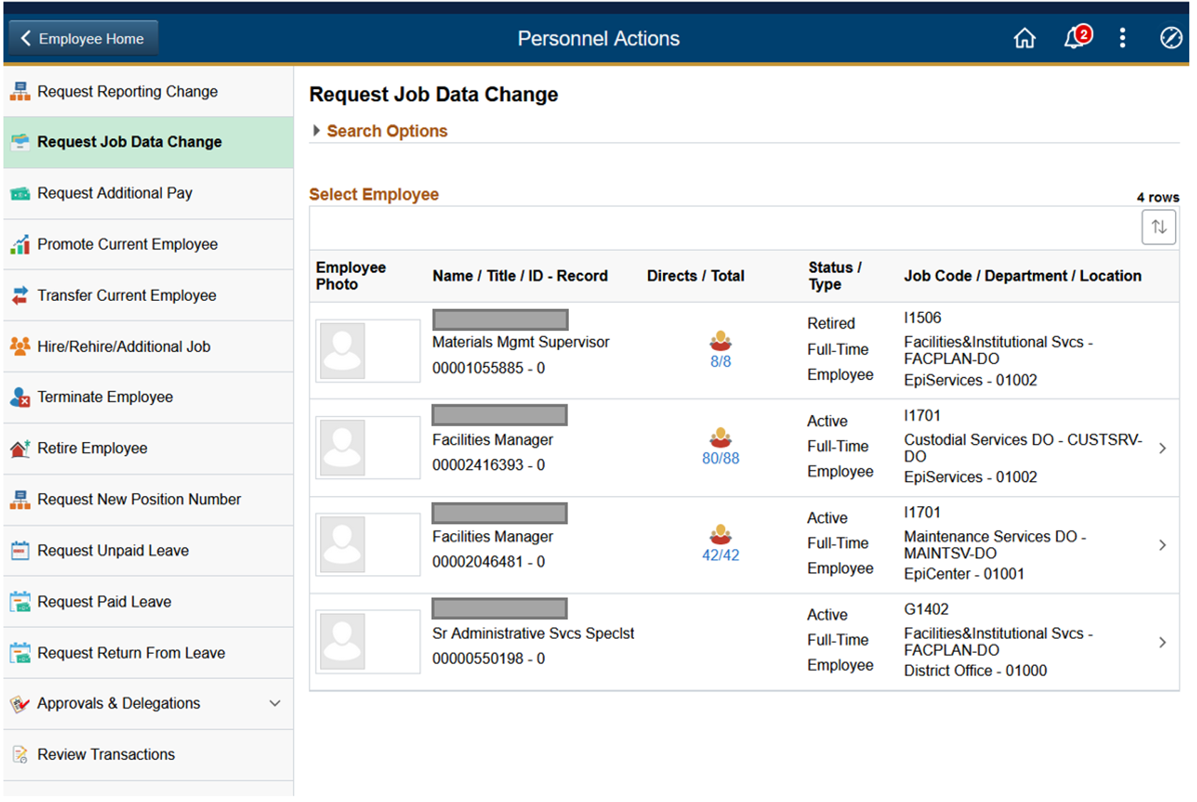 Guided Self-Service for Managers labeled Personnel Actions, showing both delivered and custom transactions