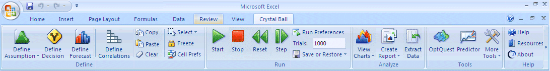 Crystal Ball-Menüband in Microsoft Excel