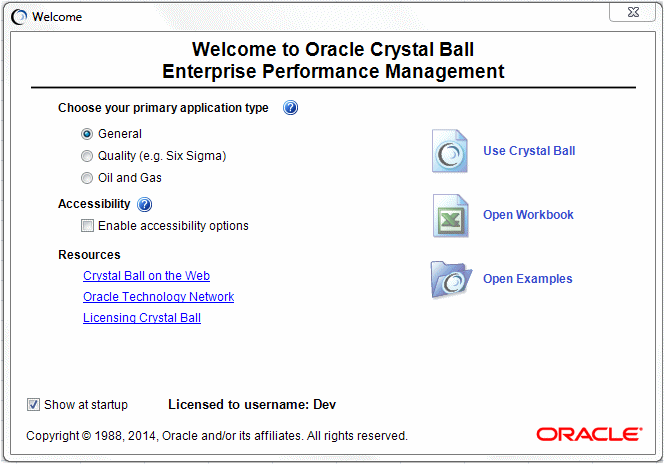 The Crystal Ball Welcome Screen, showing available options.