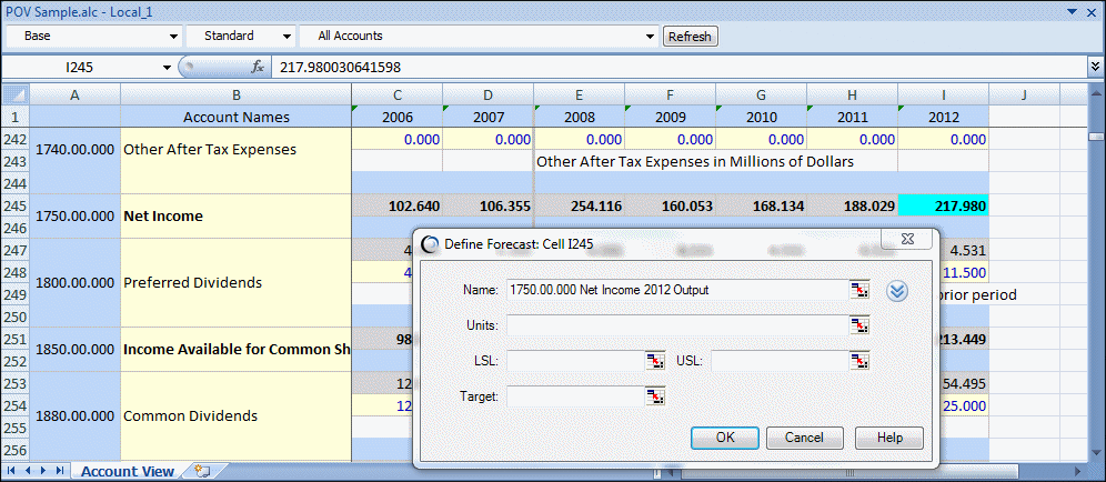 The Define Forecast dialog provides a name for the forecast based on account number, label, and year.