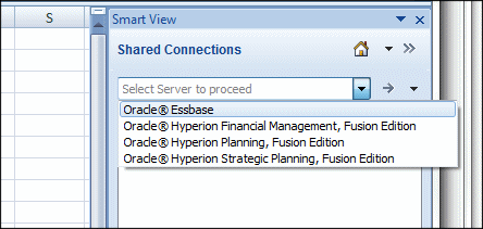 The Smart View connection list offers connections for EPM products such as Essbase, Oracle Hyperion Planning, and Oracle Hyperion Strategic Finance.
