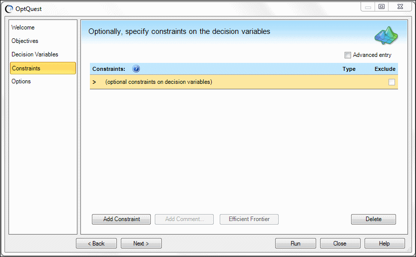 Constraints panel, Futura with OptQuest example.