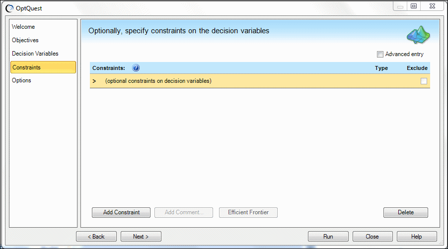 Constraints panel with no data, Simple Entry mode.