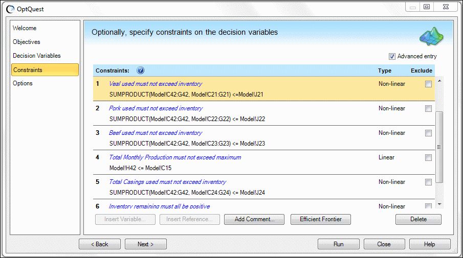 The Constraints panel shows a constraint for each type of meat (veal, pork, and beef) with a Microsoft Excel SUMPRODUCT formula defining each constraint.