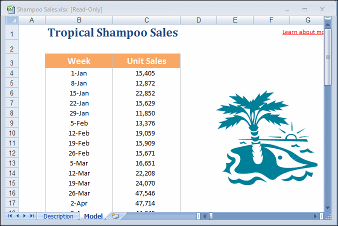 Shampoo Sales.xlsx spreadsheet model, described in the following paragraph