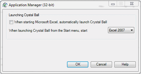En esta imagen se muestra el cuadro de diálogo Administrador de aplicaciones de Crystal Ball.