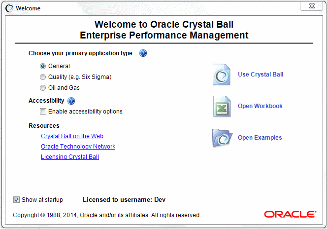 La pantalla Bienvenido de Crystal Ball con las opciones disponibles.