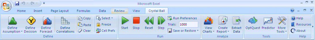 Banda de Crystal Ball en Microsoft Excel