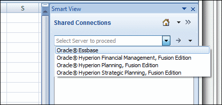 La lista de conexiones de Smart View ofrece conexiones para productos de EPM como Essbase, Oracle Hyperion Planning y Oracle Hyperion Strategic Finance.