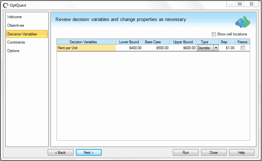 Panel Variables de decisión, ejemplo de Futura with OptQuest.