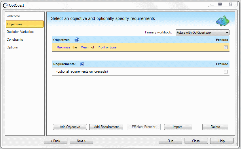 Panel Objetivos, ejemplo de Futura with OptQuest.