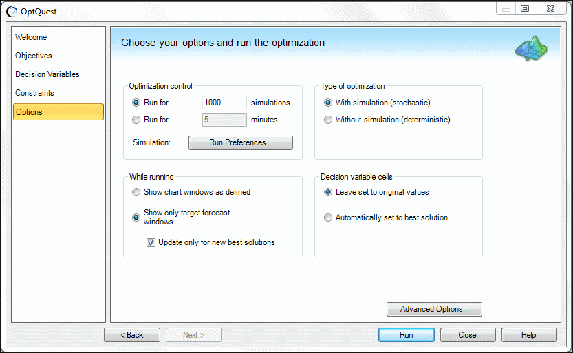 Panel Opciones, ejemplo de Futura with OptQuest.