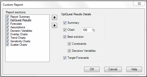 Valores de resultados de OptQuest en el cuadro de diálogo Informe personalizado.